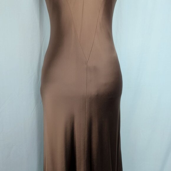 Vintage 90s Carmen Marc Valvo Bronze Formal Gown 4 Small V-Neck - Picture 3 of 10